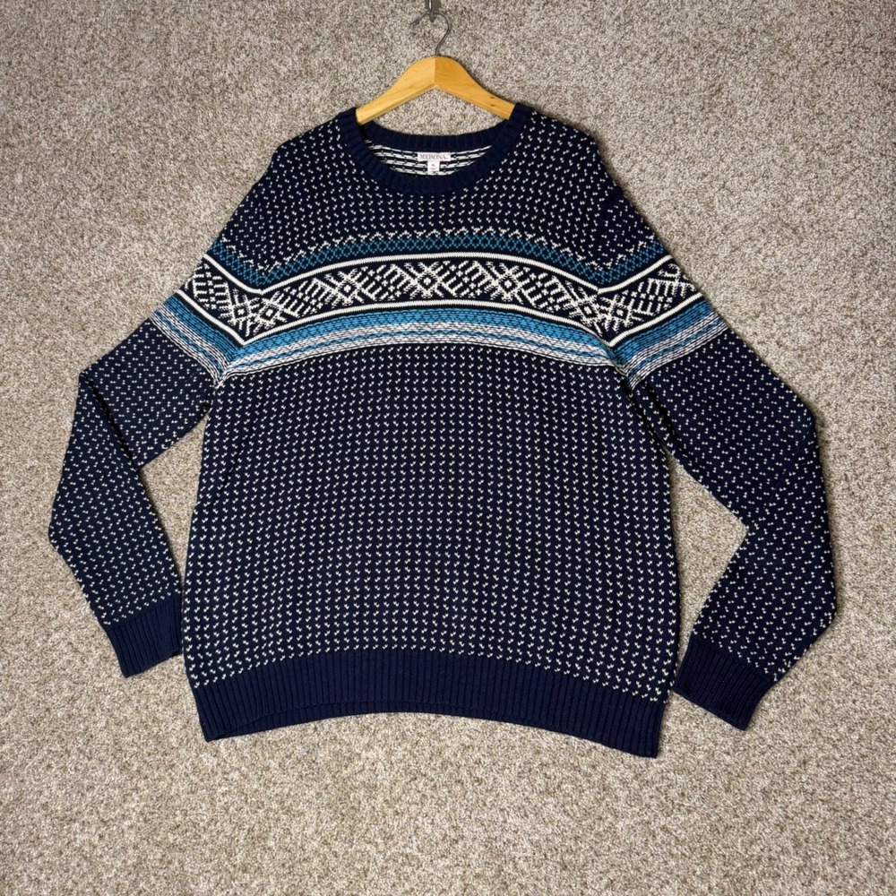 Merona Mens XL Navy Blue Fair Isle Crewneck Sweater Nordic Knit Pullover